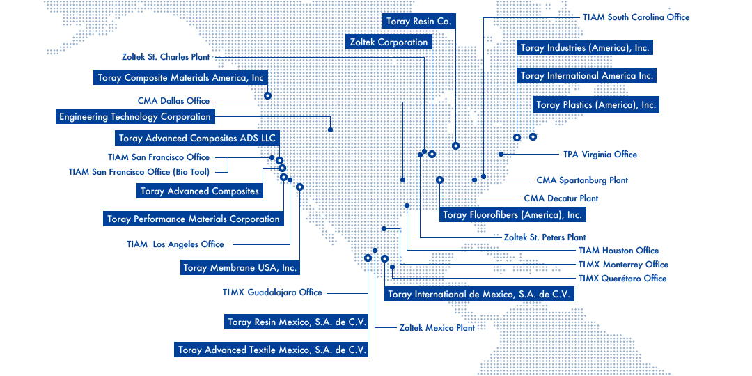 Map of Toray Group Companies in the USA